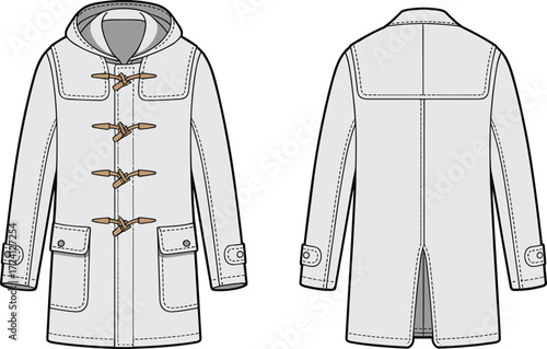 Duffle coat CAD drawing, hooded winter outerwear flat sketch, fashion technical clothing template, garment design vector, apparel illustration outline, front and back view pattern