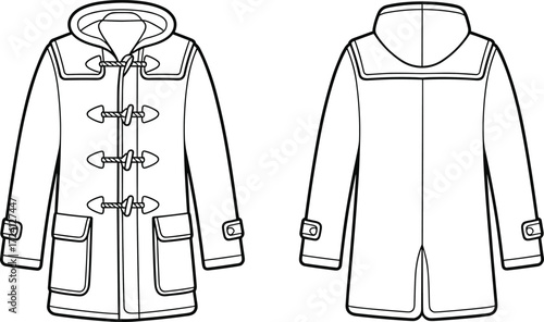 Coat CAD drawing, hooded duffle coat flat sketch, winter outerwear fashion template, technical clothing vector, garment design outline, apparel illustration, front and back view