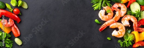 Wallpaper Mural Shrimp and Vegetable Platter - Fresh shrimp and colorful vegetables arranged on a dark background, perfect for restaurant menus or healthy eating websites Torontodigital.ca