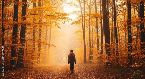 Lone wanderer immerses in vibrant autumn foliage, finding solace in nature