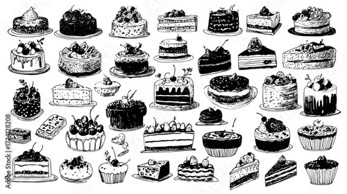 Hand-drawn collection of cakes and desserts