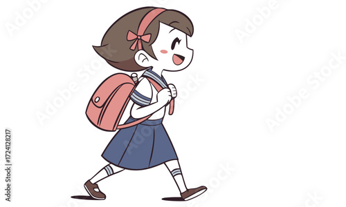 Smiling Student Girl in Blue Uniform Walking