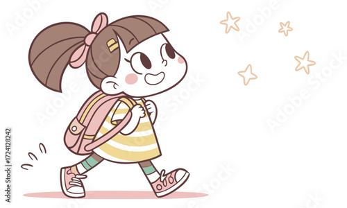 Smiling Schoolgirl in Striped Dress and Pink Bow