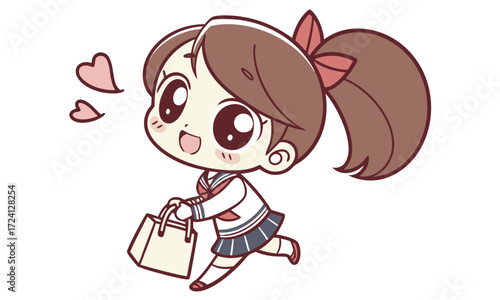 Excited Cartoon Schoolgirl with Shopping Bags and Hearts