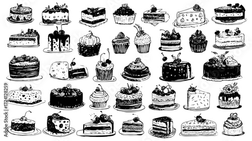 Hand-drawn collection of cakes and desserts