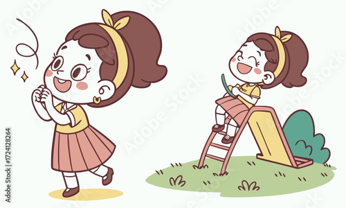 Happy Child Walking and Sliding on Playground