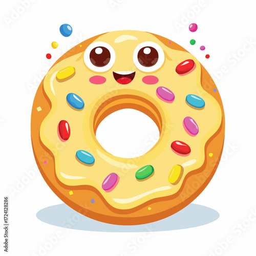 Cute cartoon donut character with a happy smiling face and yellow frosting, decorated with colorful candy sprinkles. Playful food-themed vector emoji illustration