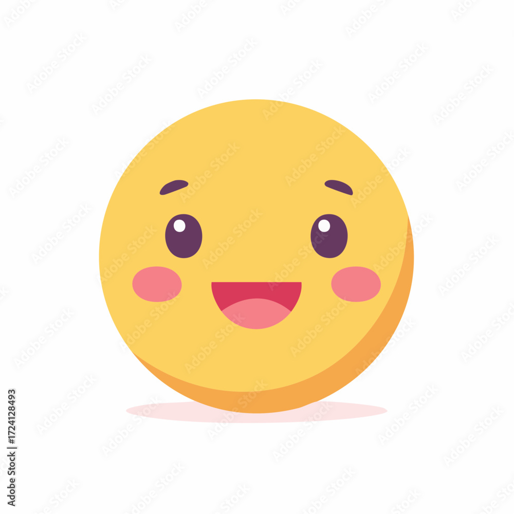 Fototapeta premium Happy smiling face emoji with pink blushing cheeks. A cute and friendly yellow emoticon character in a flat minimalist vector style, isolated on a white background