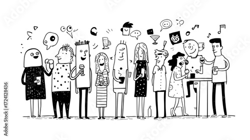 Cartoon characters at a social gathering