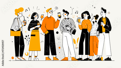 Stylized illustration of friends enjoying drinks