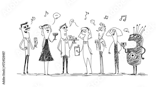 Playful cartoon characters at a party