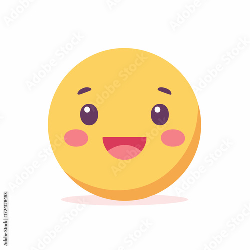 Happy smiling face emoji with pink blushing cheeks. A cute and friendly yellow emoticon character in a flat minimalist vector style, isolated on a white background