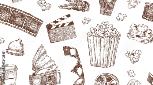 Hand-drawn movie snacks and film elements pattern