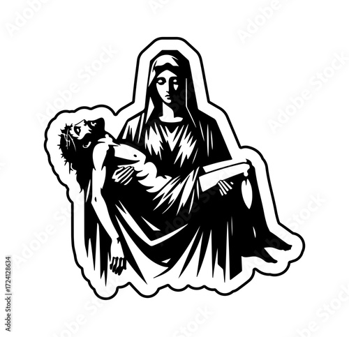 Pieta sculpture in bold black and white, depicting the Virgin Mary holding the body of Jesus