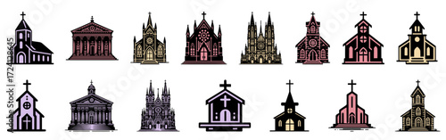 Collection of stylized church illustrations with various architectural designs and cross symbols