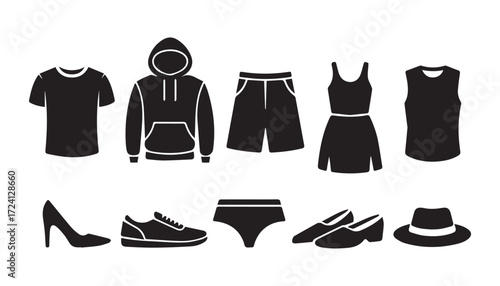 Collection of black silhouette clothing and accessories icons