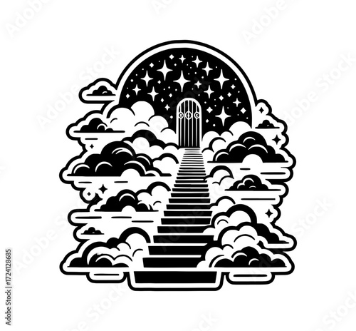 Stairway to heaven design with clouds, stars, and a celestial gate, ideal for dreamlike concepts