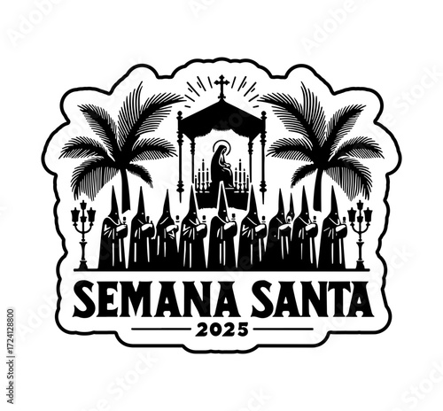 Semana Santa 2025 emblem design featuring hooded figures, palm trees, and religious symbols in a monochrome style