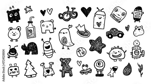 Playful doodles of cute characters and objects