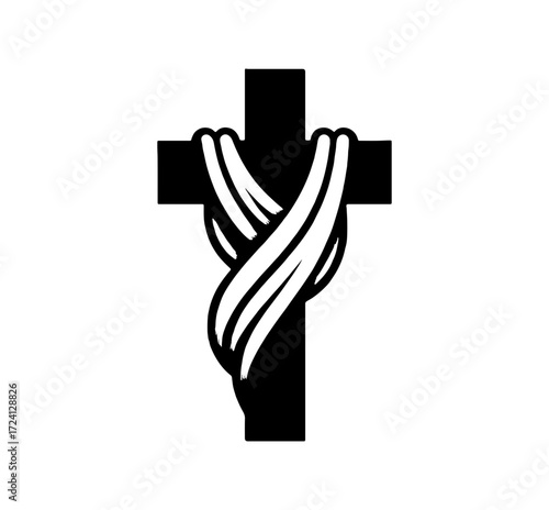 Black Christian cross with draped cloth, symbol of faith and religious devotion, isolated design
