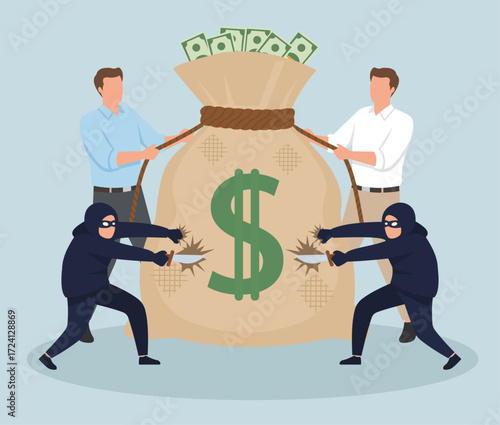 Flat vector of a money bag tug-of-war, symbolizing financial conflict, corporate struggle, theft, and economic tension