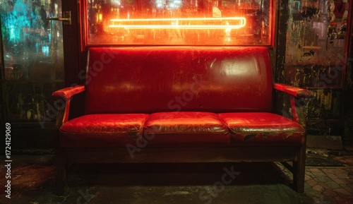 Red vintage couch in a dimly lit bar (1)