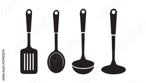 Set of four black kitchen utensils on white background