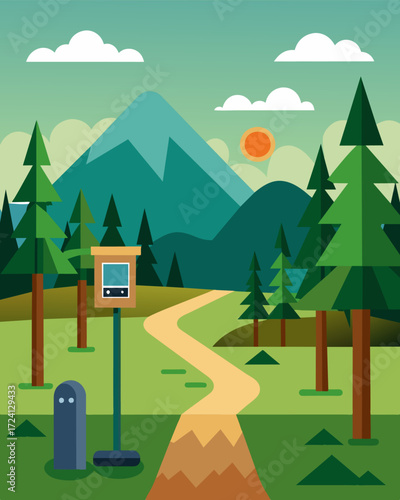 A trailhead in the forest park boasts a shiny new solarpowered charging point for ecofriendly car owners.. Vector illustration