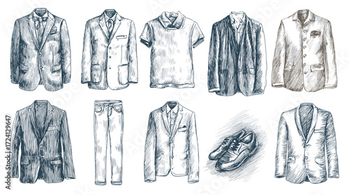 Hand-drawn collection of men's clothing and shoes
