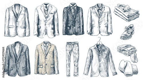 Collection of hand-drawn suits and accessories