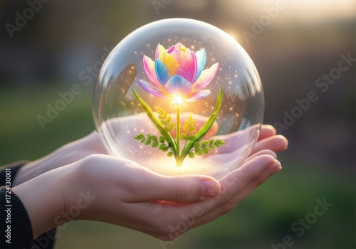 A delicate lotus flower with rainbow petals glows brightly inside a clear glass sphere held in cupped hands