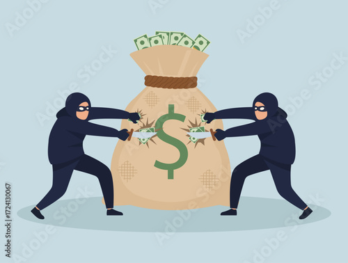 Masked thieves tearing open a money bag, symbolizing financial crime, theft, and loss in a bold flat vector style