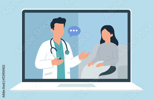Flat vector illustration of online doctor consultation, highlighting telemedicine, patient care, and digital healthcare communication