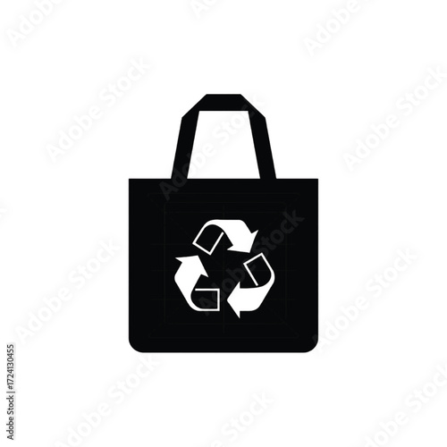 Black tote bag with white recycling symbol reusable bag