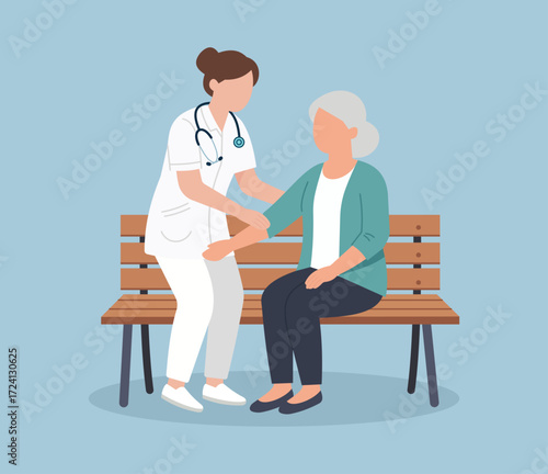 Flat vector of a doctor caring for an elderly patient, symbolizing compassion, healthcare, and senior support in a minimal style