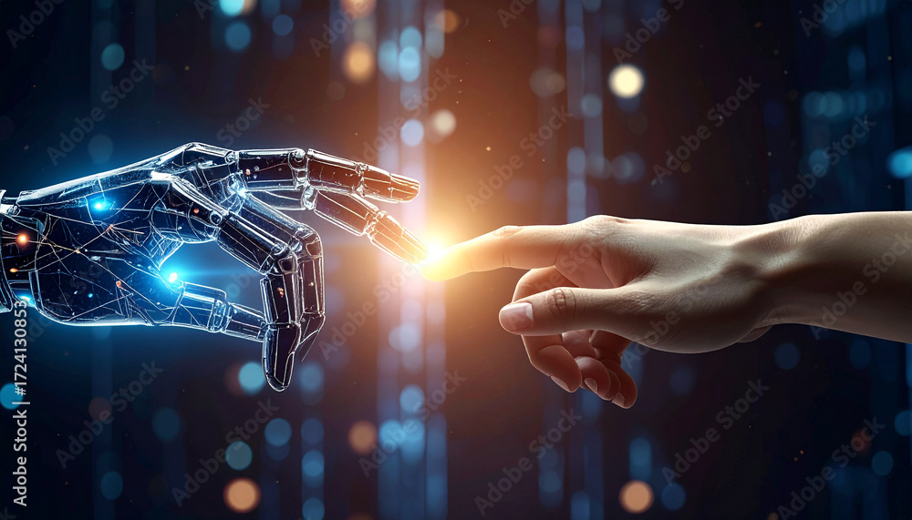 Fototapeta premium Digital Connection: A futuristic image where a metallic robotic hand extends to touch a human hand, creating a spark of energy.