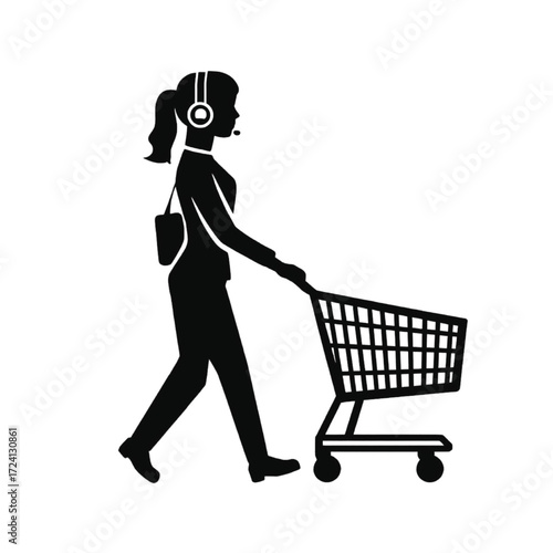 Black silhouette of a woman with a headset pushing a shopping cart