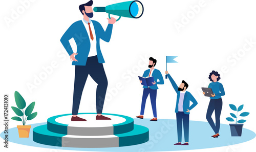 A professional business team and business vision. Team captains lead team members in forecasting and analyzing business prospects. businessman with megaphone