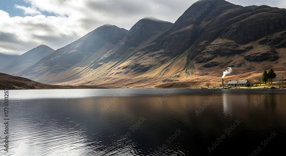 Obraz premium Remote Lochside Dwelling Amidst Majestic Mountains and Still Waters