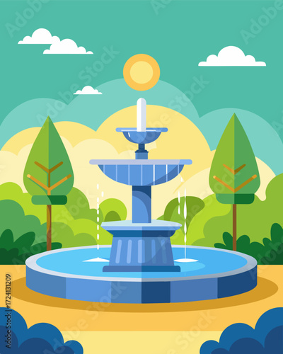 A tranquil park setting with a majestic solarpowered fountain providing a peaceful escape for parkgoers.. Vector illustration