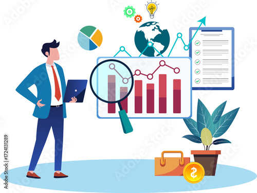 Business analysis and market research concept, financial report review, investment data evaluation and sales growth insight, smart analyst with magnifying glass. vector illustration of business people