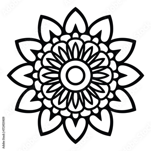 Elegant Black Mandala with Heart- Shaped Petals and Geometric Center Keywords: mandala, black and