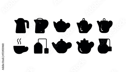 Collection of black silhouette tea pots and cups icons