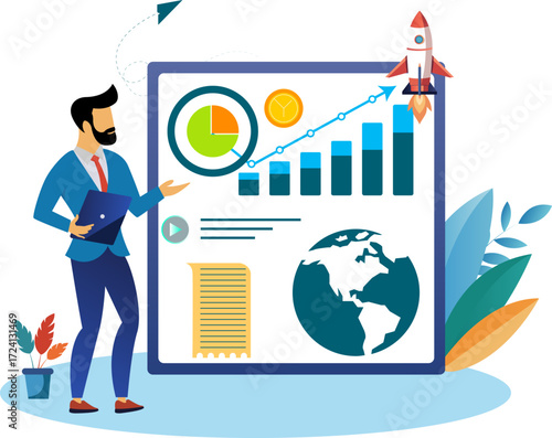 Business analysis and market research concept, financial report review, investment data evaluation and sales growth insight, smart analyst with magnifying glass. vector illustration of business people