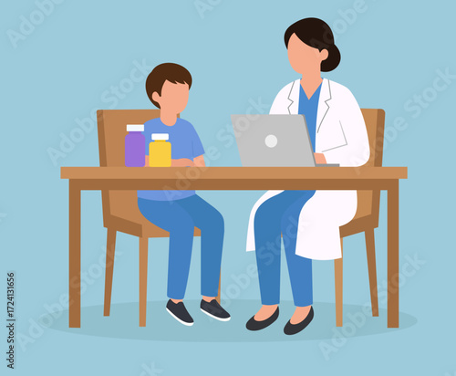 Flat vector illustration of a child’s medical consultation with a doctor, highlighting pediatric care, medicine, and healthcare support