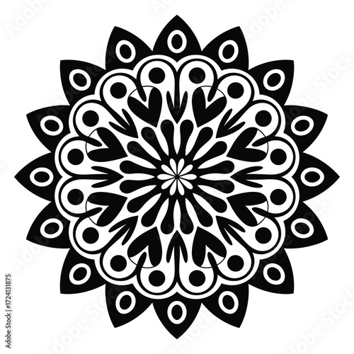 Black and white radial pattern with oval shapes on white background Keywords: mandala, geometric