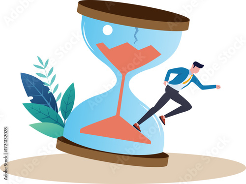 Businessman almost falling from cracked hourglass illustration of over deadline in completing business target. 