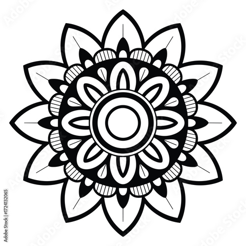 Detailed Black Mandala with Concentric Circles and Petals Keywords: mandala, black and white