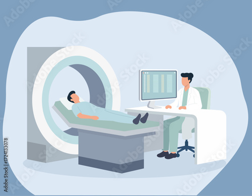 Minimal flat vector of patient MRI scan with doctor monitoring results, blending healthcare, technology, and diagnostics