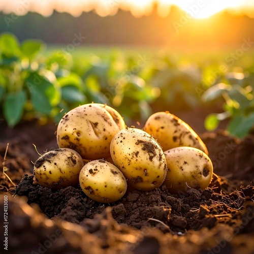 Golden potatoes in a field